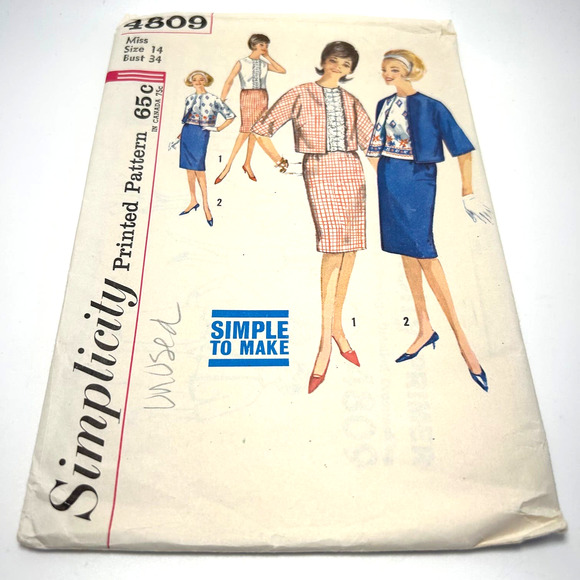 Simplicity Vintage1960's Pattern #4809 Blouse/Suit/Reversible Jacket Size 14 - Picture 1 of 6